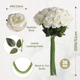 36Pcs Artificial Roses Realistic Fake Flowers Bulk Long Stem Silk Faux Roses Bouquet For Wedding Diy Home Decor Bridal Table Centerpieces Party Arrangements Gifts(White)