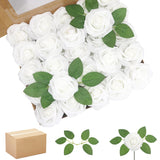 200Pcs Artificial Flowers White Roses Real Looking Foam Fake Roses With Leaves And For Diy Wedding Bouquets Bridal Shower Centerpieces Party Decorations (White, 200)