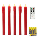 Red 10" Flameless Taper Candles With Timer, Battery Operated Candles, Push-Activated, Wax Drip, Warm White Light, Remote & 10 Batteries Included - Set Of 5