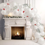 135 Pcs Christmas Balloon Garland Arch Kit White Balloons With Artificial Snowy Pine Branches And Red Berries Stems For Christmas Party Decorations New Year Holiday Party Supplies