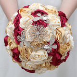 Handmade Floral Satin Rose Butterfly Shape Rhinestone Bridal Bouquet Luxury Golden Rhinestone Artificial Flowers For Wedding