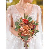 Burnt Orange Wedding Bouquets For Bride, Artificial Flowers Terracotta Bouquet For Rustic Wedding Ceremony And Anniversary
