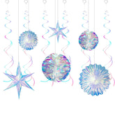 12 Pcs Iridescent Party Decoration,Hanging Honeycomb,Decorative Iridescent Foil Fan,Shiny Star, Hanging Rainbow Swirl For Wedding,Christmas,Baby Shower Frozen,Mermaid Themed Birthday Party Supplies