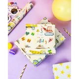 Construction Wrapping Paper Roll, Colorful Excavator,Tractor With Happy Birthday & Star Reversible Gift Wrap For Kids Birthday, Baby Boy Shower, Party, Celebration - Mini Roll(17 In X 32.8 Ft)
