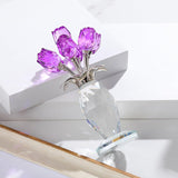 Crystal Purple Rose Flower Bouquet Figurine With Vase, Handmade Glass Rose Flower Gifts For Women On Mother'S Day Anniversary, Crystal Flowers With Stem Home Table Decor For Christmas