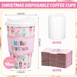 50Pcs Merry Christmas Disposable Coffee Cups With Lids And Sleeves Pastel Pink Nutcracker Paper Drinking Cup For Xmas Birthday Party Supplies