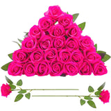 24 Pcs Hot Pink Rose Artificial Flowers With Long Stem Real Touch Silk Roses Bulk For Wedding, Party, Table Centerpieces Bright Pink Bouquet, Bridal, Home Decor