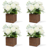 Dining Table Centerpiece Set Of 4 - Artificial Peony Flowers With Wooden Vase - Boho Fake Rose Bouquets Small Faux Silk Floral Arrangement For Wedding Party Bathroom Home Décor, White