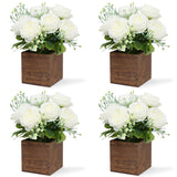 Dining Table Centerpiece Set Of 4 - Artificial Peony Flowers With Wooden Vase - Boho Fake Rose Bouquets Small Faux Silk Floral Arrangement For Wedding Party Bathroom Home Décor, White