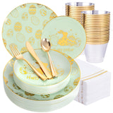 175Pcs Easter Plates and Napkins Disposable - Green and Gold Plastic Dinnerware Set for 50 guests include 50 Plates 25Cups 25Plastic Silverware 25Napkins Perfect for Easter Party