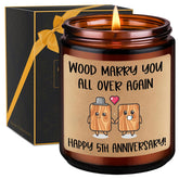 5Th Wedding Anniversary Candle, 5Th Anniversary Wood Themed Gifts For Wife Husband, 5 Year Wedding Anniv. Funny Gifts For Him Her, Happy Fifth Marriage Presents For Couples Women Men Boyfriend
