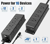 Under Desk Surge Protector Power Strip 12 Outlets 4 USB Ports USB C 6FT Wall Mount 1200J Black