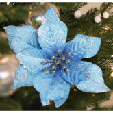 12Pcs Poinsettia Flower Artificial Poinsettia With Stem Christmas Decor Glitter Poinsettia Christmas Ornaments Christmas Tree Flower Decoration Diy Xmas Wreath Mantle Party Decor (Blue)