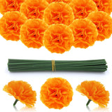 50 Pcs Marigold Flower Heads Bulk, Silk Marigolds With Stems Artificial Mexican Flowers For Diwali Day Of The Dead Dia De Los Muertos Ofrenda Decor