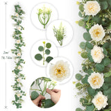 2Pcs 6.56Ft Artificial Eucalyptus Garlands With Flowers, Faux Floral Greenery Garlands White Peony Flower Garland Fake Vines For Wedding Arch Table Runner Party Ceremony Backdrop Decor