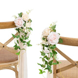 8Pcs Wedding Artificial Aisle Pew Flowers Chair Decorations Arrangements With Chiffon Ribbons Blush Pink Cream For Ceremony Chair Back Floral Decor Reception Church Party Outdoor