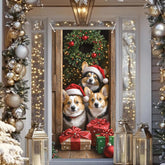 Christmas Door Cover 35.43X70.87 Inch Three Corgis With Santa Hats And Christmas Wreath Design Polyester Front Door Banner Holiday Indoor Outdoor Decoration For Porch Wall Display