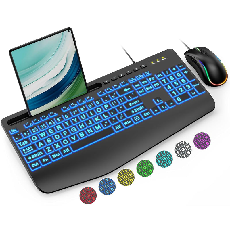Wired Keyboard And Mouse Combo, Large Print Backlit Keyboard With Wrist Rest A