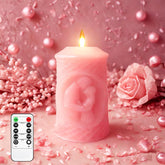Valentine'S Day Pink Real Wax Flameless Led Candle – Remote Control Timer And Flickering Light, Couple Embossed Design, Creates A Warm And Romantic Home Decor (Battery Operated)