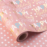 Reversible Pink Birthday Wrapping Paper Roll - 17 Inch X 33 Feet - Glitter Happy Birthday Lettering Metallic Foil Paper Girl Gift Wrap W/Polka Dot For Holiday Party Baby Shower Mother'S Day