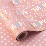 Reversible Pink Birthday Wrapping Paper Roll - 17 Inch X 33 Feet - Glitter Happy Birthday Lettering Metallic Foil Paper Girl Gift Wrap W/Polka Dot For Holiday Party Baby Shower Mother'S Day