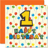 1St Birthday Card Unisex - Lollipop Sweets Candy - Happy Birthday Card 1 Year Old Son Daughter Brother Sister Grandson Granddaughter Niece Nephew Cousin, 5.7 X 5.7 Inch First Bday Greeting Card