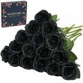 Halloween Decor - 16 Pcs Black Roses Artificial Flowers, Fake Roses Halloween Flowers With Long Stems For Home Decoration (Black)