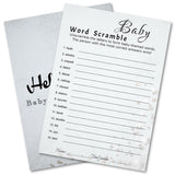 Baby Shower Word Scramble Trivia Game Cards - 30 Player Family Friend Party - Minimalist Light Gray Design With Stars & Strips - Ready To Play, Answer Keys Included, 5X7 Inch (Word Scramble)