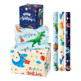 Dinosaur Wrapping Paper Rolls - 3 Rolls 17” X 120” Happy Birthday Wrapping Paper Kids Wrapping Paper Rolls Boy Dinosaur Gift Wrap Paper Dinosaur Party Favor Happy Bday Wrap With Cutting Line On Back