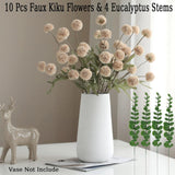 10Pcs Faux Beige Kiku Flowers, 5 Heads Each Stem & 4 Branches Eucalyptus Stems, Artificial Small Mini Chrysanthemum Flowers For Aesthetic Room Decor, Floral Arrangements Centerpiece