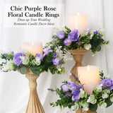 4 Pcs Purple Rose Candle Rings - Artificial Floral Wreaths With Eucalyptus Leaves Greenery Flower Wreaths For Pillar Farmhouse Wedding Centerpiece Party Home Decor