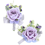 Artificial Rose Corsage Boutonniere Set For Groom Bride Groomsmen Bridesmaids, Simulated Flowers Accessories Wedding Party Prom Suit Decorations-2 Pieces Of Light Purple