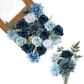 Rose Artificial Flowers Combo For Diy, Fake Blue Rose Silk Flowers Greenery, Faux Flowers For Wedding Bridal Bouquet, Baby Shower, Table Centerpieces, Floral Arrangement, Party Home Decoration