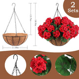 2 Set Artificial Red Geraniums Flowers For Outdoors With Hanging Baskets, 2 Hanging Planters With 12 Pcs Red Geranium Flowers For Christmas Front Porch Garden Patio Home Decor (2, Red)