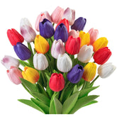 30 Pcs Multicolor Tulips Artificial Flowers Real Touch Pu Faux Flowers Fake Tulips Stems For Spring Summer Bouquet Floral Room Table Party Wedding Easter Mothers Gifts Home Decorations