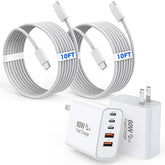 2 Pack 60W 5 Port USB C Fast Wall Charger with 10FT USB C Cable for iPhone 17 16 15 iPad