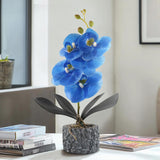 Artificial Orchid With Cement Vase Fake Phalaenopsis Flower Arrangement Faux Plants For Party Exhibition Center Home Decoration(Blue Tall 15")