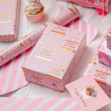 Pink Birthday Wrapping Paper Roll - 17 Inch X 33 Feet - Girly Shiny Metallic Pink Birthday Cake Pattern Reversible Gift Wrap Paper Pastel For Girl Baby Shower Wedding Bridal Shower