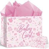 Pink Baby Girl Gift Bag Set With Greeting Card Tissue Paper Pink Baby Shower Wrapping Paper Bag For Girls Birthday Party Decorations Gender Reveal Newborn Welcome Baby Girls Gift Wrap Supplies