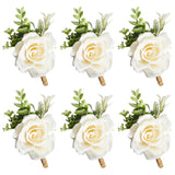 Ivory Rose Boutonniere For Men Wedding Set Of 6 Groom Groomsmen Best Man Artificial Flowers Boutonniere For Wedding Ceremony Anniversary Prom Flowers Formal Dinner Party (6, White, Middle)