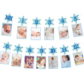 Snowflake 1St Birthday Photo Banner For Boy From Newborn To 12 Months, Winter Wonderland Monthly Milestones Bunting Garland For Christmas First Birthday Party Decoration (Blue)