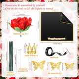 25 Sets Ribbon Rose Bouquet Diy Fake Roses With Stems Faux Flowers Bouquet Kit Wrapping Paper Crown 3D Butterflies For Christmas Anniversary Birthday Wedding Gift(Red)