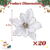 20 Pcs Glitter Christmas Flower, 6.3 In Large Velvet Artificial Magnolia Flowers With Stem, Christmas Tree Wreath Garland Xmas New Year Wedding Decoration, White