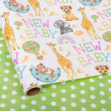 Reversible Baby Shower Wrapping Paper For Kids Girls Boys - 17 Inch X 16.5 Feet - Lion Giraffe Animals & New Baby Design For Neutral Baby Shower Party Birthday Holiday