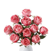 12Pcs Deep Pink Roses Artificial Flowers – Realistic Silk Velvet Fake Flowers With Long Stems For Valentines Day Wedding Bouquets Home Decoration Party Centrepieces & Diy Floral Arrangements