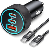 67W 3 Port USB C Car Charger with 3FT Cable Fast Charging Adapter for Samsung iPhone