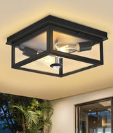 12.2 Inch Motion Sensor Outdoor Ceiling Light with Remote Black Flush Mount Fixture