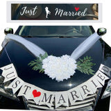 Heart-Shaped Wedding Car Hood Decoration With Angel Wing Design, Artificial Flowers And White Tulle Ribbons, Just Married Car Decal, Bridal Car Accessories For Wedding Celebration