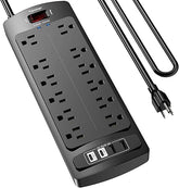 Surge Protector Power Strip 12 Outlets 4 USB Ports 2700J 6FT Extension Cord ETL Listed Black