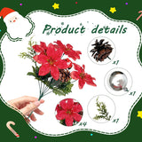 4 Pack Artificial Christmas Flowers Pick Decorations,4 Fake Poinsettia Flower Heads With Leaves And Pinecones Pine Needles Xmas Ball Red Flower Bouquet For Christmas Tree Ornament Home Garden Decor